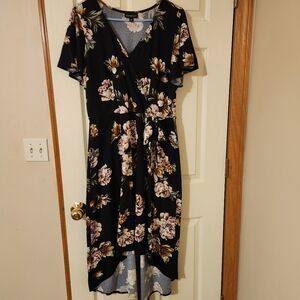 Fortune+Ivy Floral Faux Wrap High-Low Dress Plus Size 1X Black Flutter Sleeves